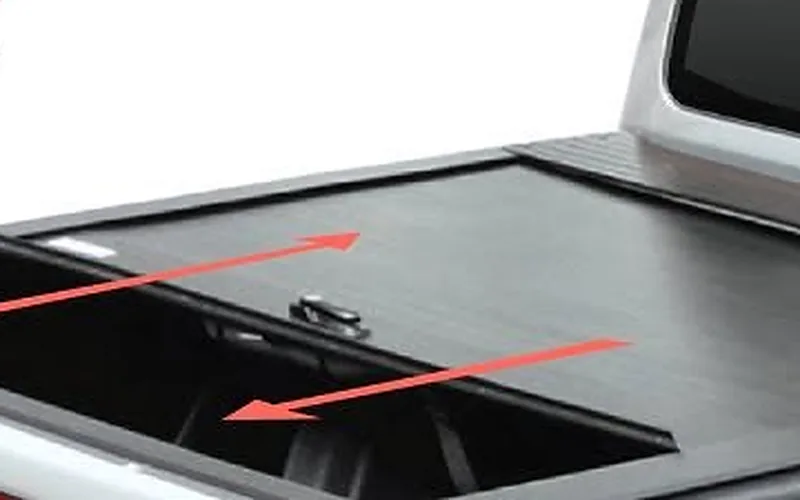 Carryboy CB 744G aluminum roller lid sliding open on a pickup bed