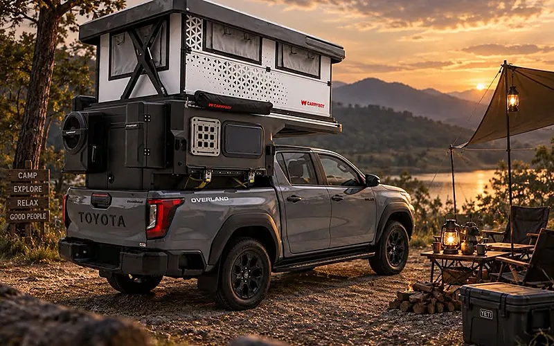 Toyota Hilux with a Carryboy pop-top camper at a sunset campsite